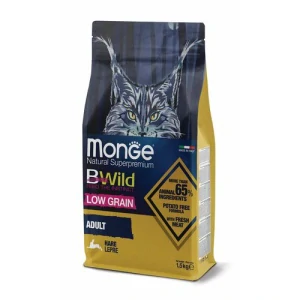 MONGE BWild Cat Low Grain Adult 1,5 kg kompletné krmivo pre dospelé mačky s králikom a so znížením obsahom obilnín
