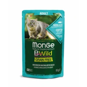 MONGE BWild Cat Grain Free Adult 85g kapsička pre dospelé mačky treska s krevetami a zeleninou