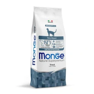 MONGE Natural Superpremium Sterilised 10kg monoproteínové krmivo so pstruhom pre sterilizované mačky