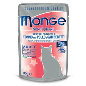 MONGE NATURAL 80g kapsička pre dospelé mačky tuniak s kuracím mäsom a krevetami v želé