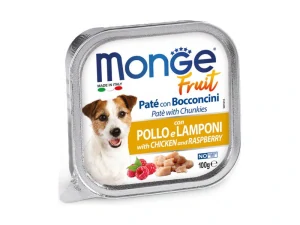 MONGE Fruit Paté and Chunkies 100g paštéta s kuracími kúskami a malinami pre dospelých psov