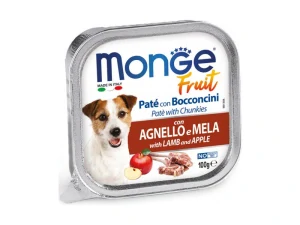 MONGE Fruit Paté and Chunkies 100g paštéta s jahňacími kúskami a jablkom pre dospelých psov