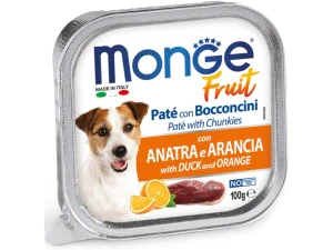 MONGE Fruit Paté and Chunkies 100g paštéta s kačacími kúskami a pomarančom pre dospelých psov