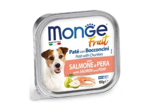 MONGE Fruit Paté and Chunkies 100g paštéta s kúskami lososa a hruškou pre dospelých psov