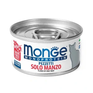 MONGE Monoprotein Flakes Only beef 80g konzerva pre dospelé mačky s hovädzím mäsom