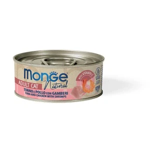 MONGE NATURAL 80g konzerva pre dospelé mačky tuniak s kuracím mäsom a krevetami