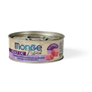 MONGE NATURAL 80g konzerva pre dospelé mačky tuniak s hovädzím a kuracím mäsom
