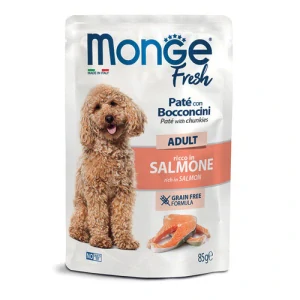 MONGE Fresh Adult 85g paštéta s kúskami lososa v kapsičke pre dospelých psov