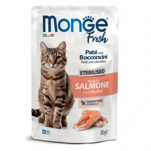 MONGE Fresh Sterilised 85g paštéta s kúskami lososa v kapsičke pre sterilizované mačky
