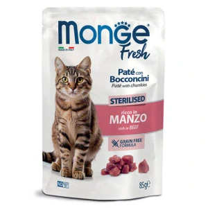MONGE Fresh Sterilised 85g paštéta s kúskami hovädzieho mäsa v kapsičke pre sterilizované mačky