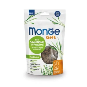 MONGE GIFT Hairball 60g chrumkavé a plnené pochúťky pre mačky proti tvorbe bezoárov s lososom a Catnipom