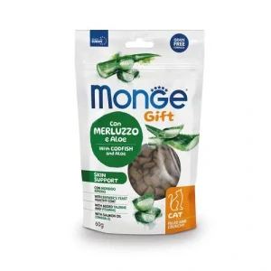 MONGE GIFT Skin support 60g chrumkavé a plnené pochúťky pre mačky na podpora pokožky s treskou a aloe vera