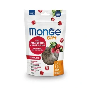 MONGE GIFT Sterilised 60g chrumkavé a plnené pochúťky pre sterilizované mačky s kačicou a brusnicami