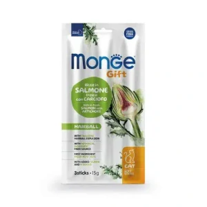 MONGE GIFT Soft Sticks Hairball 15g/3ks mäkké pochúťky pre mačky proti tvorbe bezoárov s lososom a artičokmiv s lososom a artičokmi