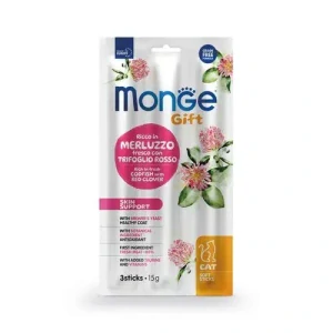 MONGE GIFT Soft Sticks Skin support 15g/3ks mäkké pochúťky pre mačky na podporu pokožky s treskou a ďatelinou červenou
