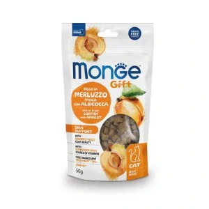 MONGE GIFT Meat Minis Skin support 50g mäsové pochúťky pre mačky na podporu pokožky s treskou a marhuľou