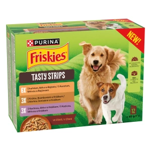 FRISKIES TASTY STRIPS Multipack 12x85g kura, morka, kačica so zeleninou v šťave