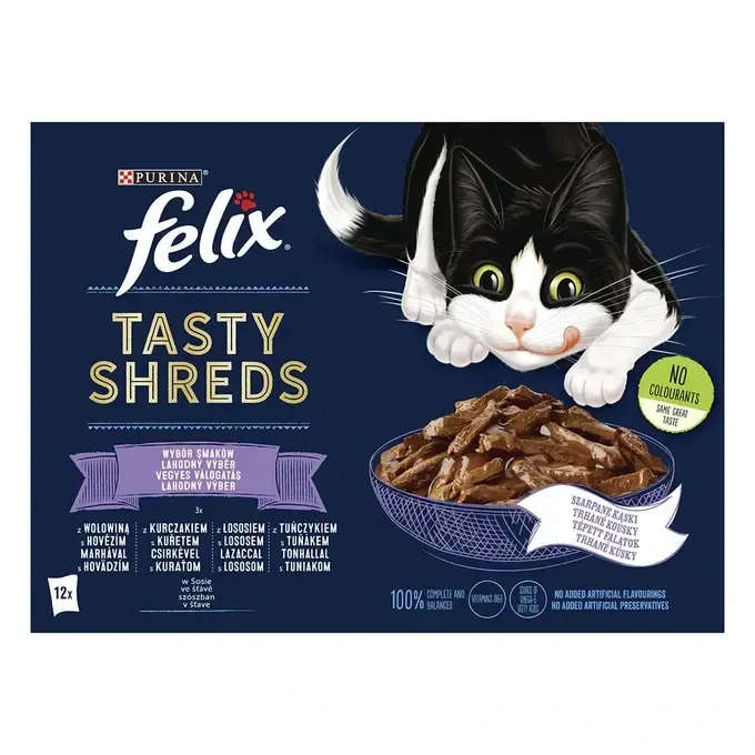 FELIX TASTY SHREDS Multipack 12x80g hovädzie/ kura/ losos/ tuniak v šťave