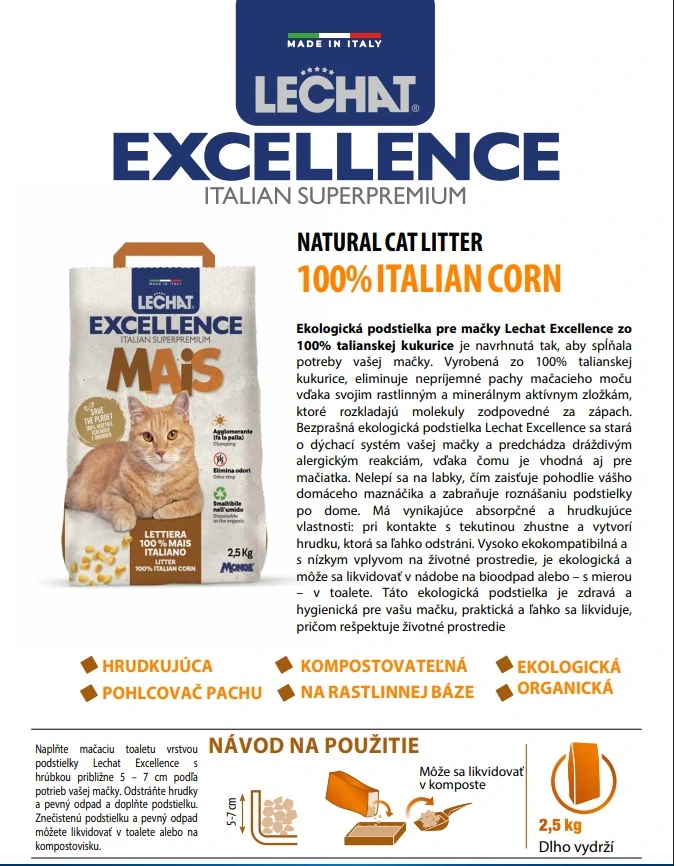 LECHAT EXCELLENCE Cat litter 2,5kg prírodná hrudkujúca kukuričná podstielka pre mačky