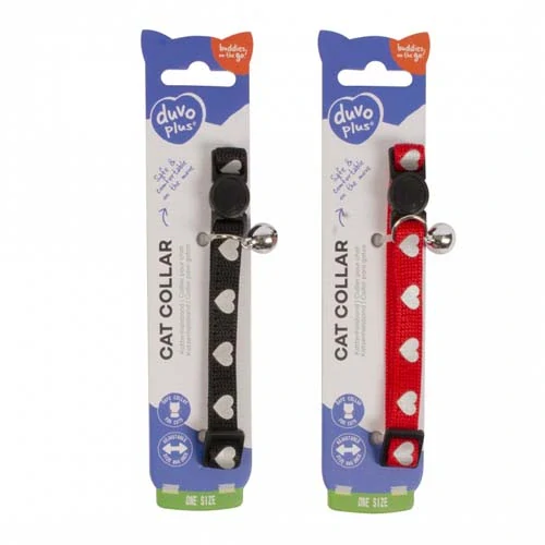 DUVO+ Nylonový reflexný obojok pre mačky so srdiečkami 24-30cm/10mm čierny/červený 1ks
