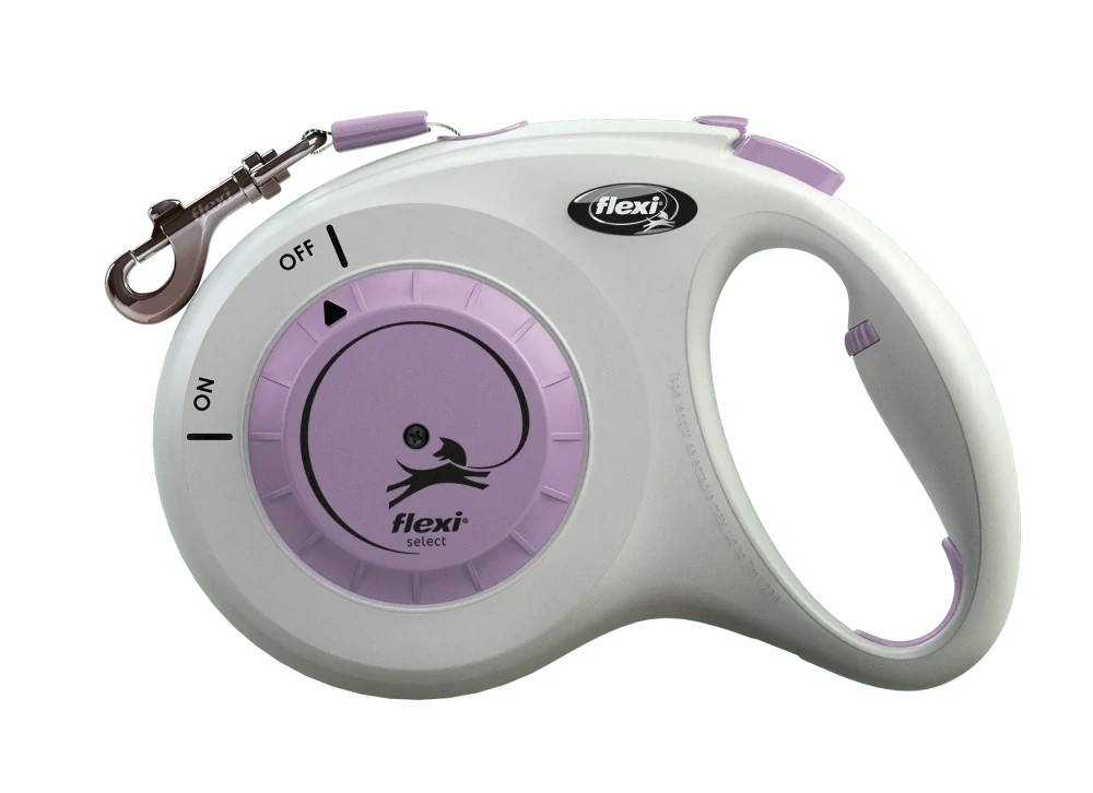 flexi Select samonavíjacie páskové vodítko s nastaviteľnou dĺžkou 0–7 m do 25 kg svetlosivé/fialové