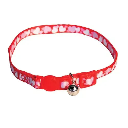 Nastaviteľný obojok pre mačky s rolničkou 20-30cm/10mm červený so srdiečkami s bezpečnostnou sponou