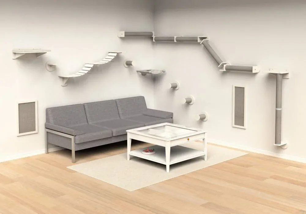 Lezecký set na stenu 1, 2 x sisal stĺpik, 35 x 150 x 25 cm, biela/sivá