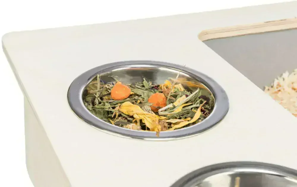 Kŕmna stanica - bar + misky, jasličky - 70 x 41 x 47 cm, drevo/nerez/plast