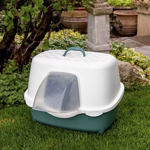 STEFANPLAST Chic Outdoor 56x54,5x39cm vonkajšia krytá mačacia toaleta s malou strechou na odtok vody biela/svetlo hnedá